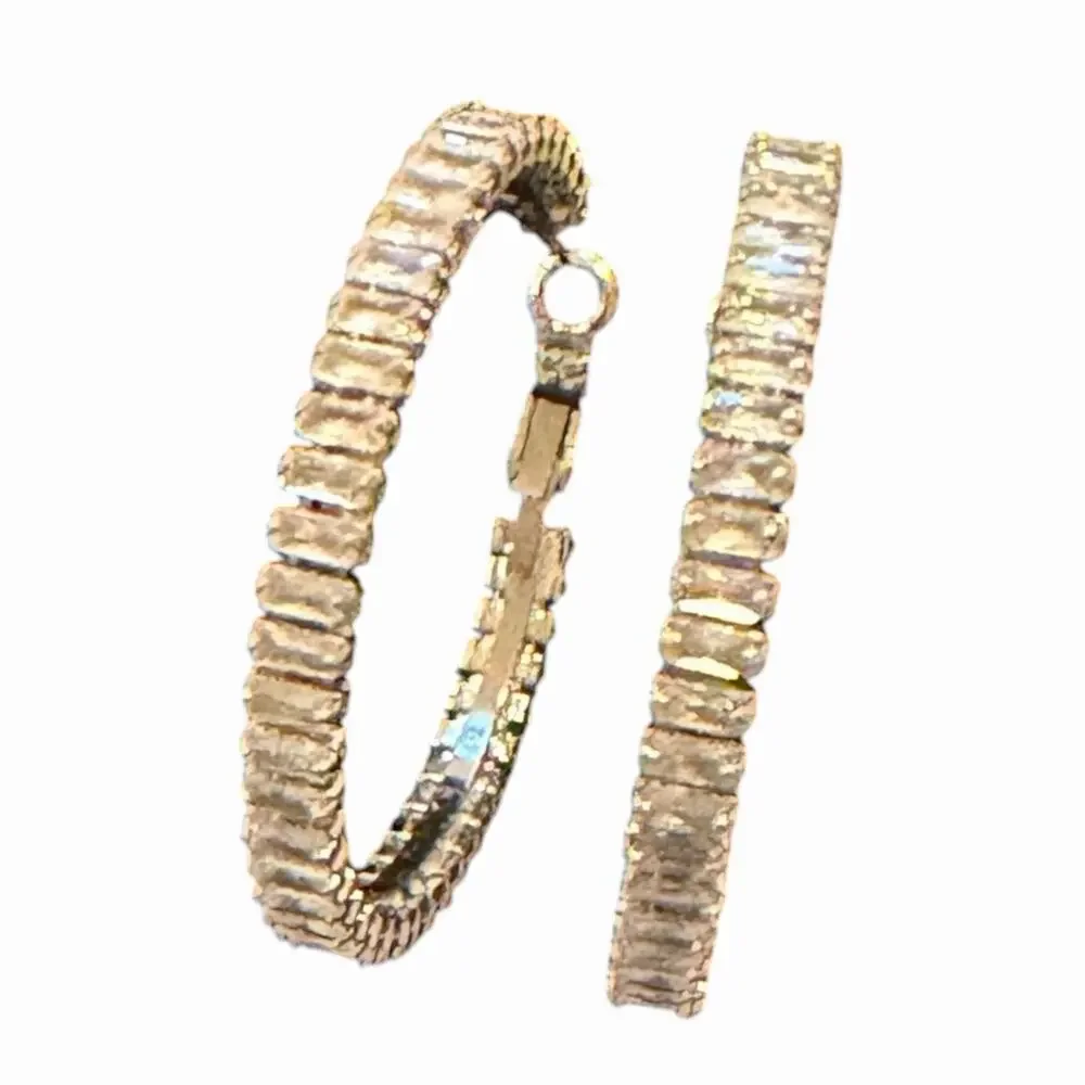 Vintage Silver Tone Baguette Rhinestone Hoop Earrings 1.75” Prong Set Statement